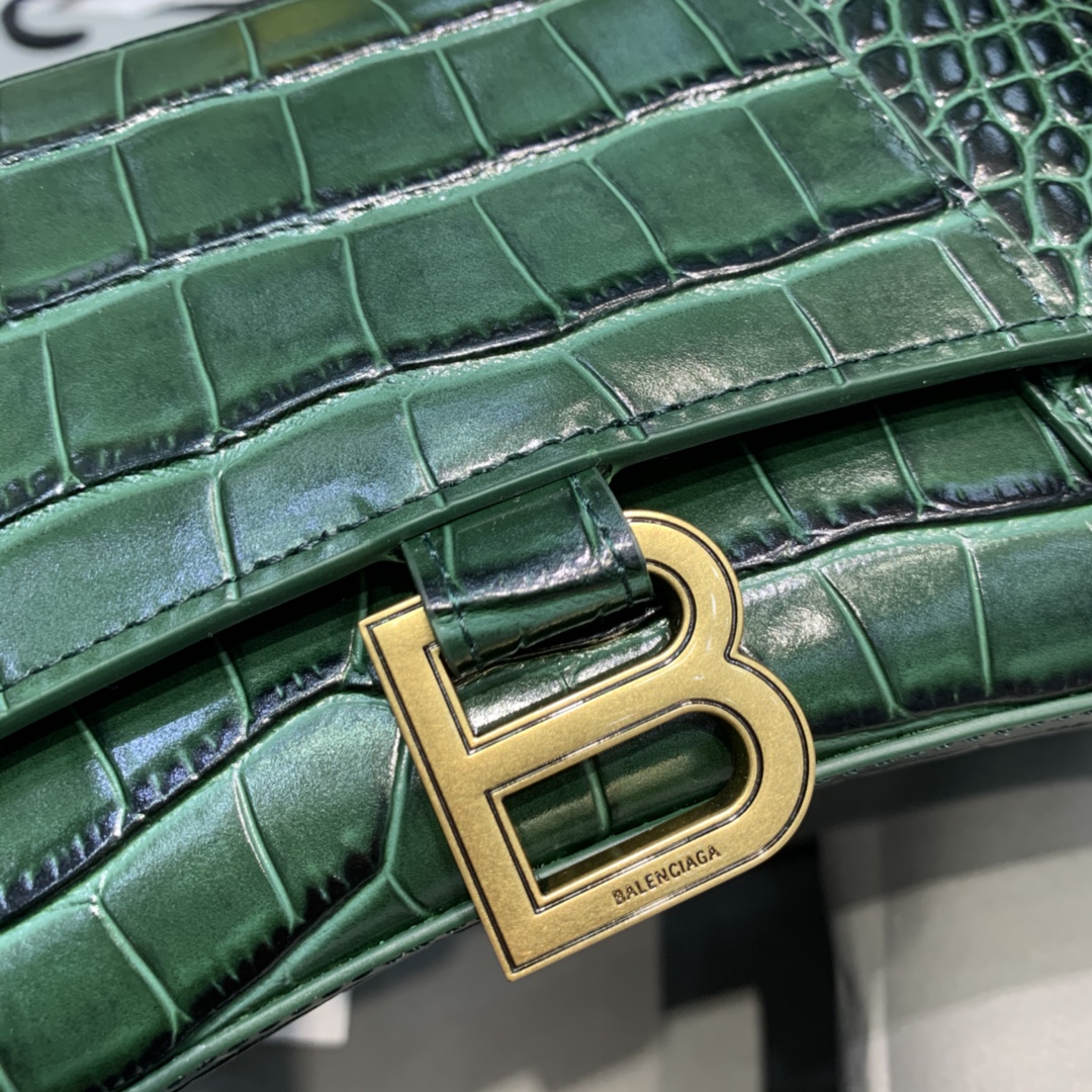 Balenciaga Hourglass Small Handbag Crocodile Embossed Shoulder Bag Dark Green